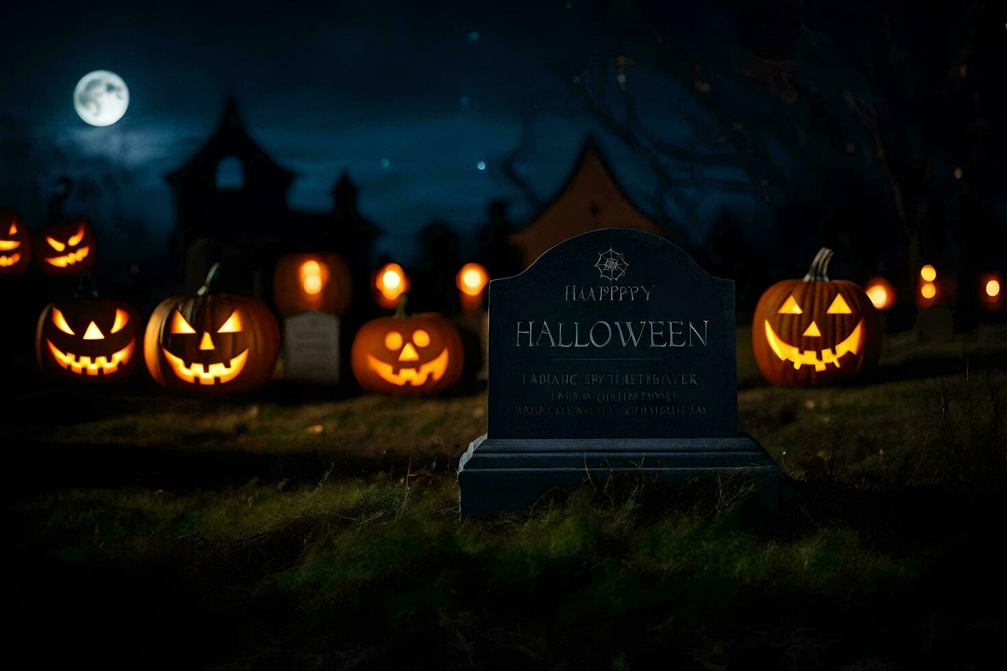 halloween pumpkins in the graveyard. AI-Generated photo