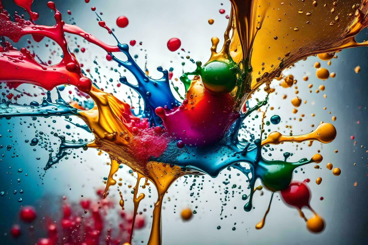 colorful paint splashes on a gray background. AI-Generated photo