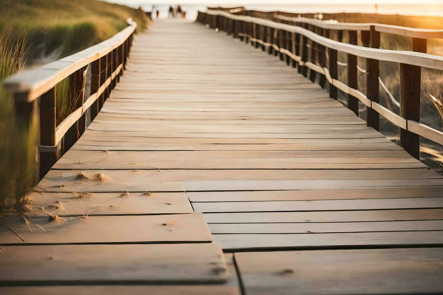 a wooden walkway leads to the beach at sunset. AI-Generated photo