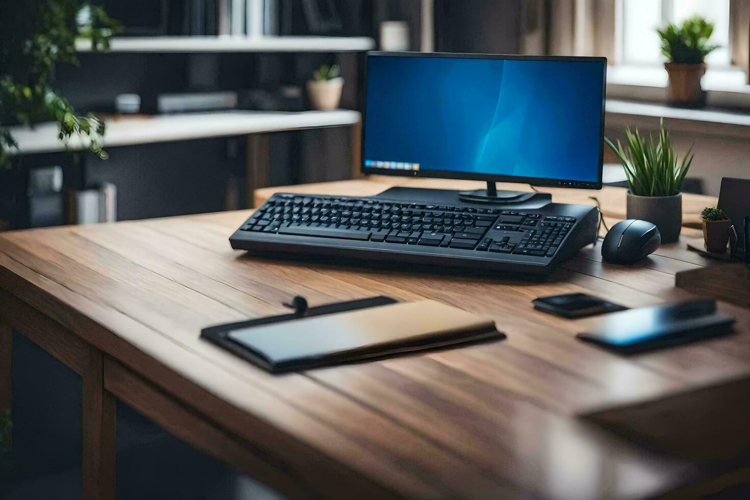 a computer on a desk with a keyboard and mouse. AI-Generated photo