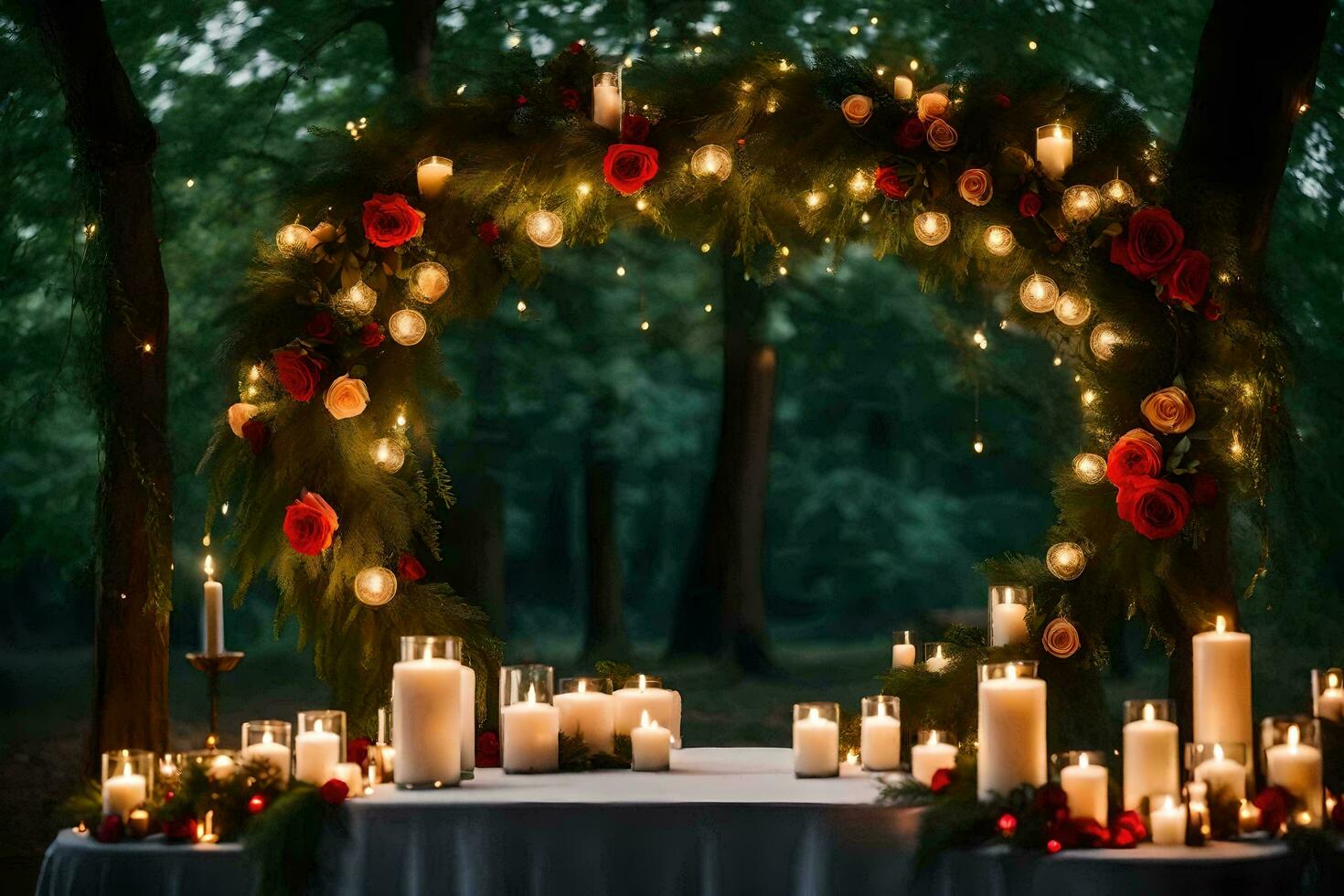 candles and flowers are set up in a forest. AI-Generated photo