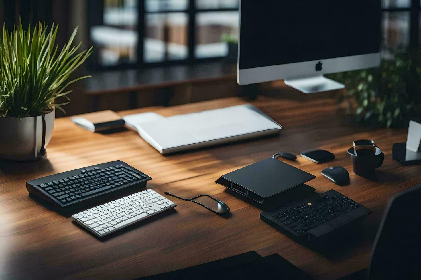 a desk with a keyboard, mouse and computer. AI-Generated photo