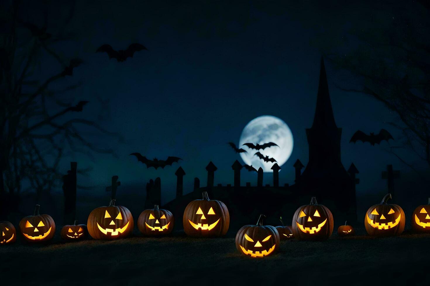 halloween pumpkins in the graveyard at night. AI-Generated photo