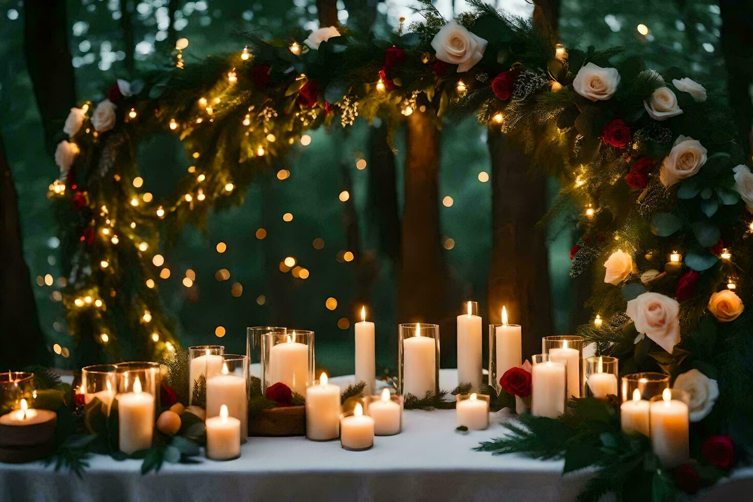 candles and flowers are arranged in a forest setting. AI-Generated photo