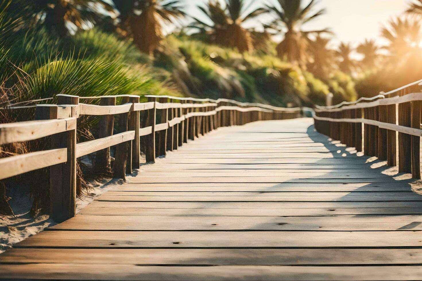 a wooden walkway leads to the beach at sunset. AI-Generated photo
