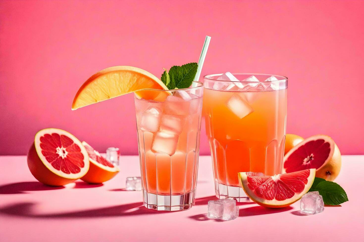 two glasses of orange juice with slices of grapefruit on a pink background. AI-Generated photo
