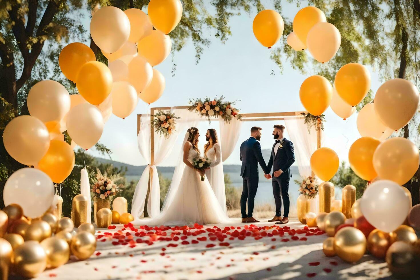 wedding ceremony with gold and white balloons. AI-Generated photo