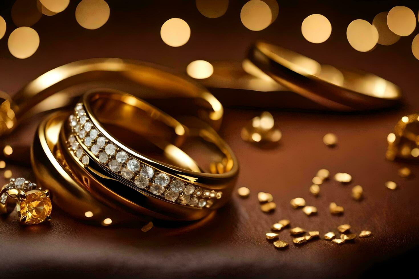 gold jewellery and diamonds on a table. AI-Generated photo