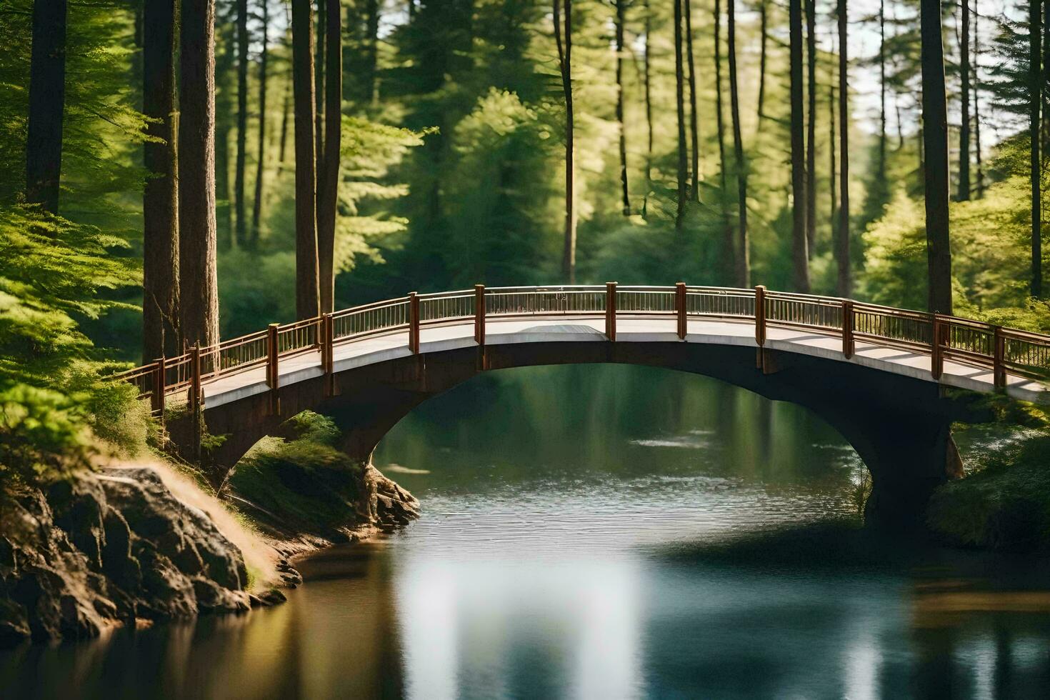 a bridge spanning over a river in the woods. AI-Generated photo