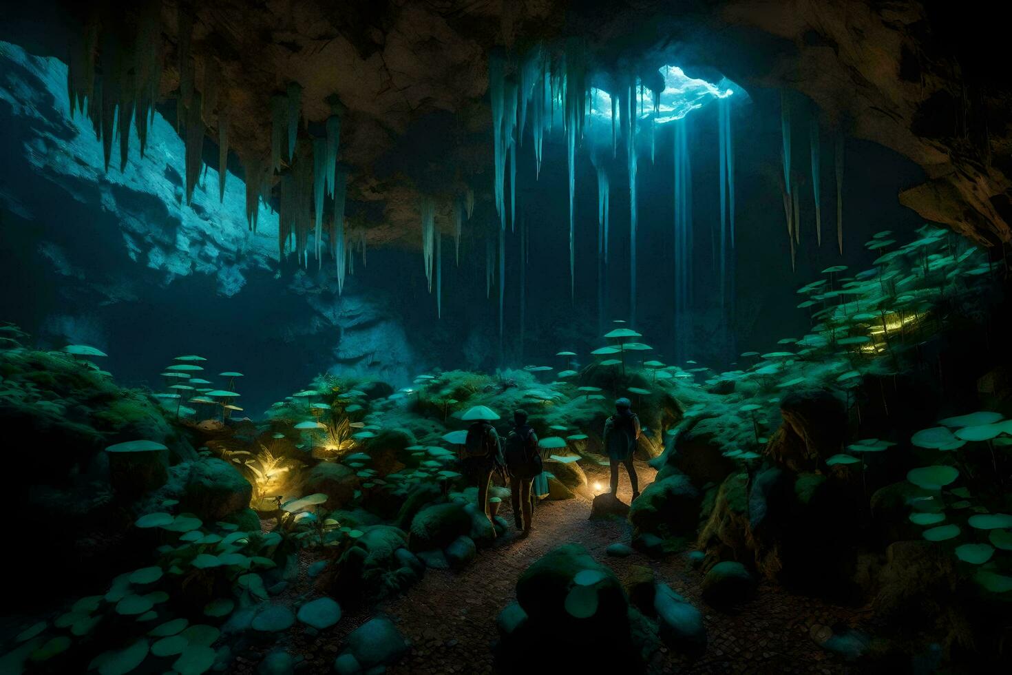 people walk through a cave with plants and water. AI-Generated photo