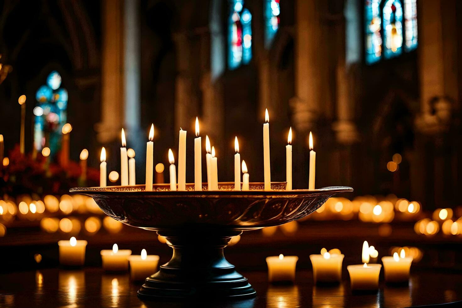 candles are lit in a church with candles in the background. AI-Generated photo