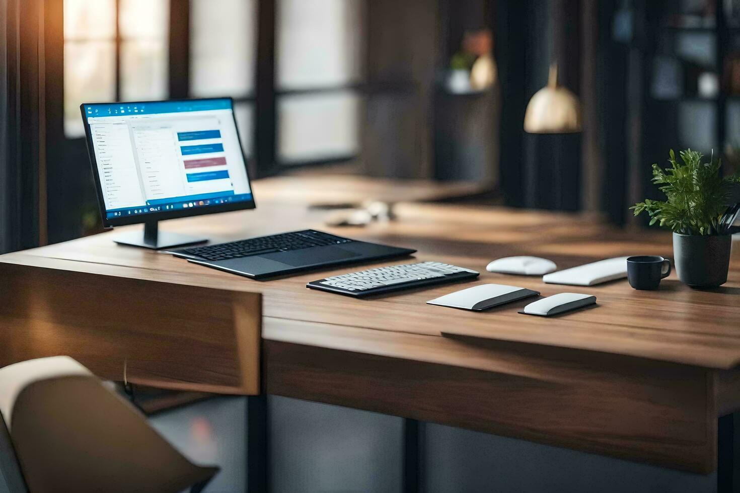 a desk with a laptop and keyboard on it. AI-Generated photo