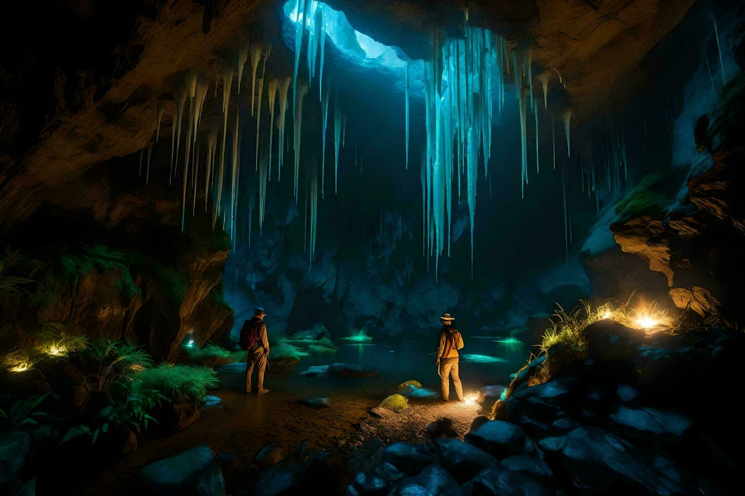 two people stand in front of a cave with water dripping from the ceiling. AI-Generated photo