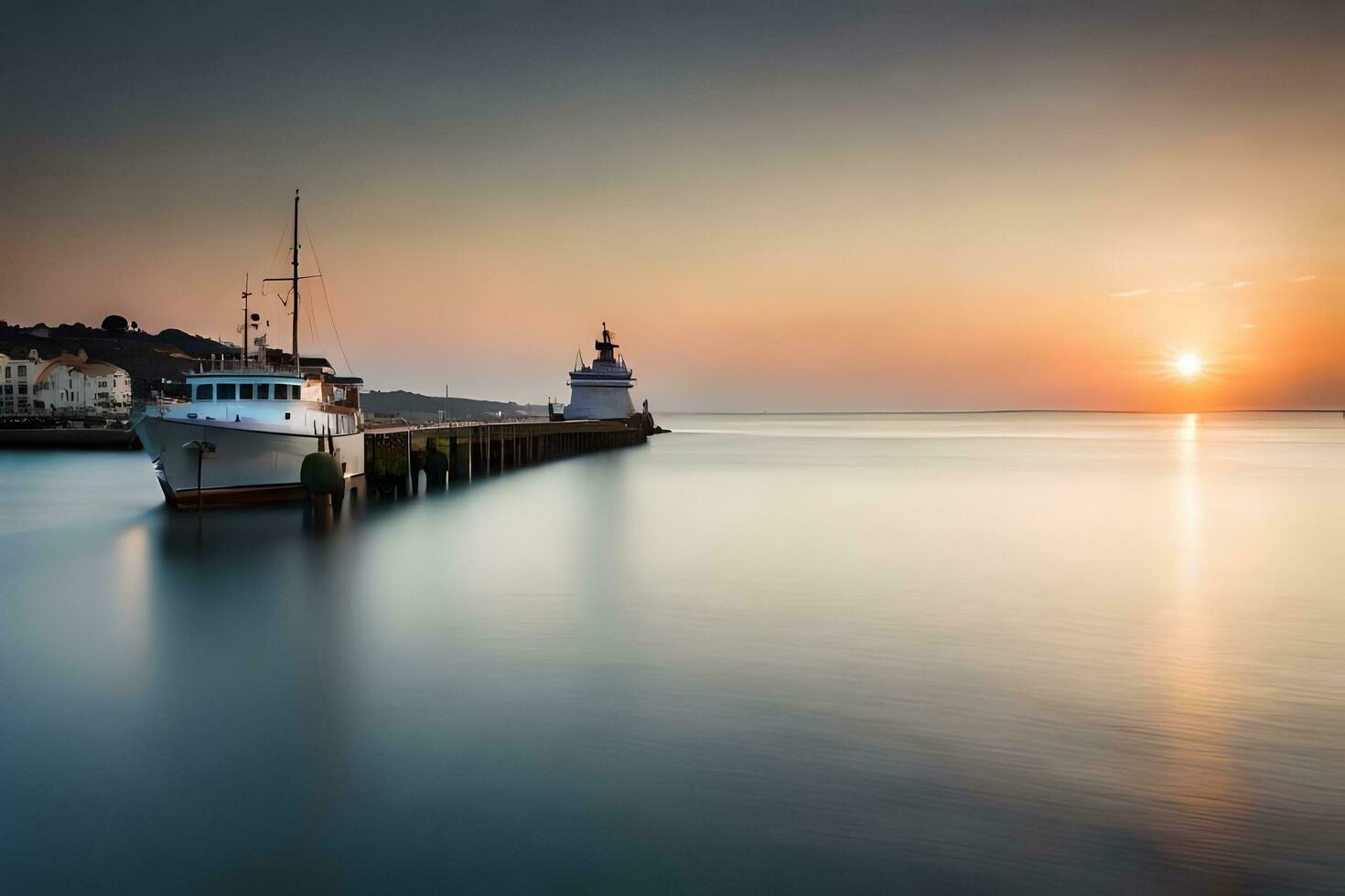 a boat is docked at the pier at sunset. AI-Generated photo