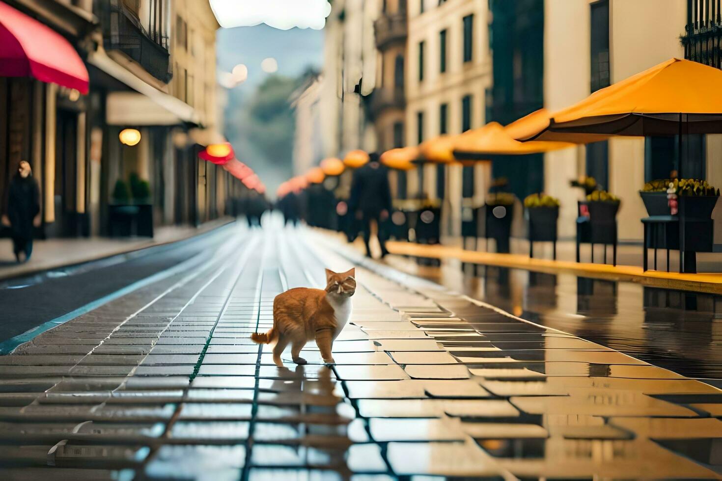 a cat walking on a cobblestone street in the rain. AI-Generated photo