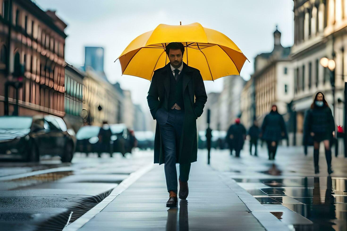 a man walking down a street with an umbrella. AI-Generated photo