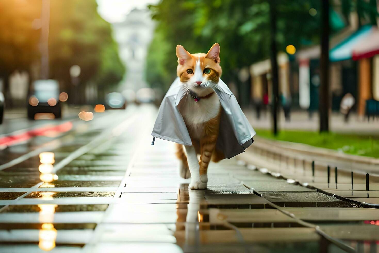 an orange and white cat walking down a street in the rain. AI-Generated photo