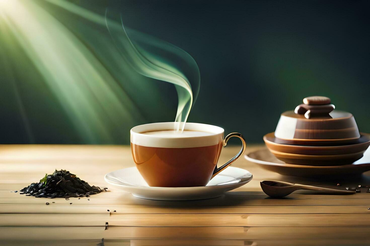 a cup of tea and a saucer on a wooden table with a light background. AI-Generated photo