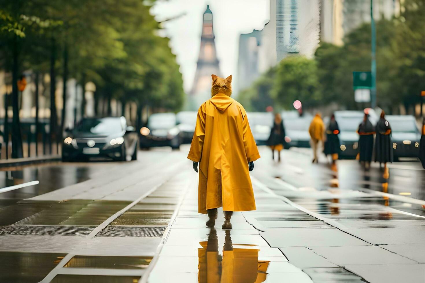 a person walking down a street in a yellow raincoat. AI-Generated photo
