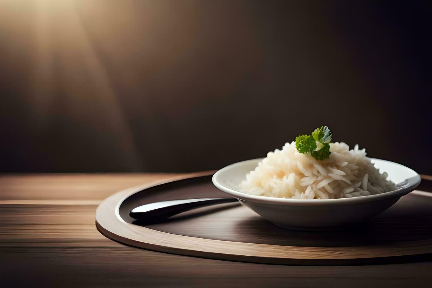 rice in bowl on wooden table with light background. AI-Generated photo