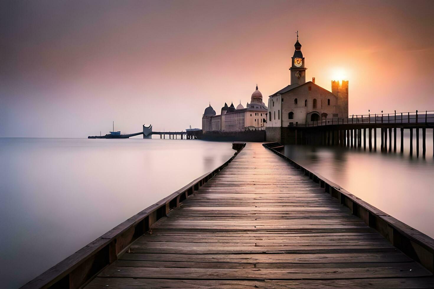 a long pier leads to a church in the morning. AI-Generated photo
