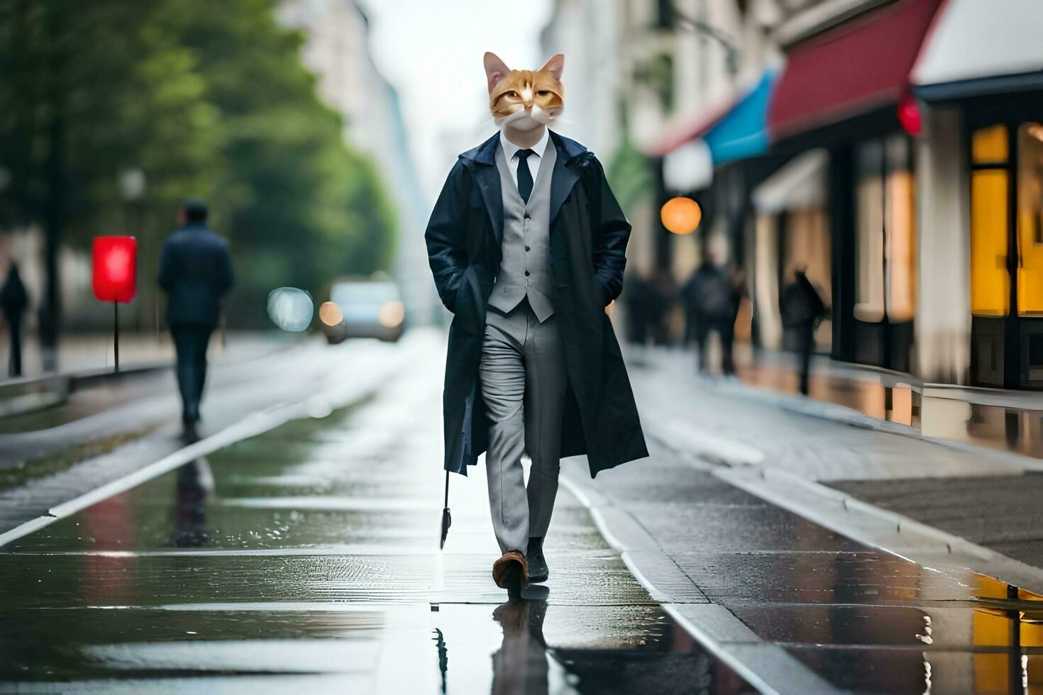 a cat wearing a suit and tie walking down a street. AI-Generated photo