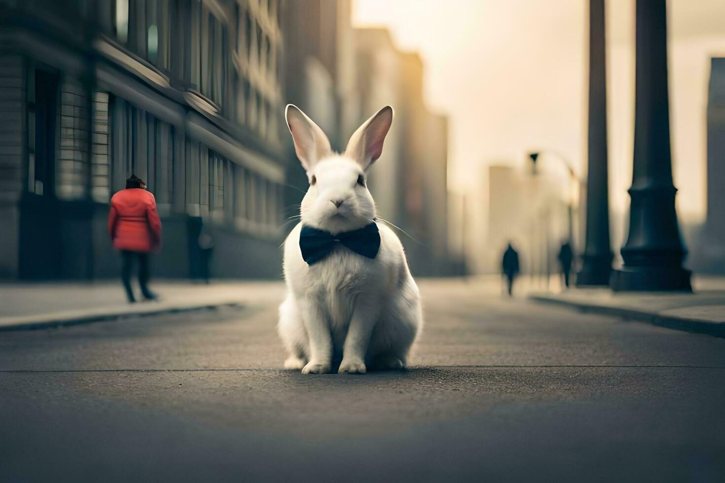 a white rabbit wearing a bow tie sitting on the street. AI-Generated photo