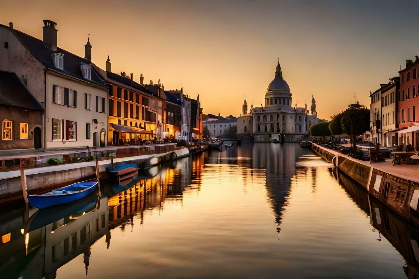 the sun is setting over a canal in europe. AI-Generated photo