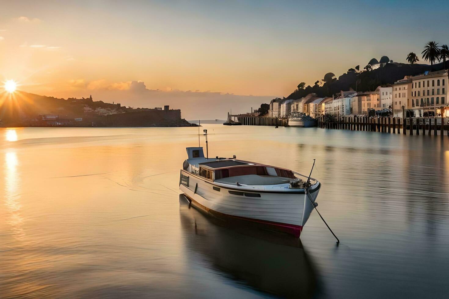 a boat is docked at sunset on the water. AI-Generated photo