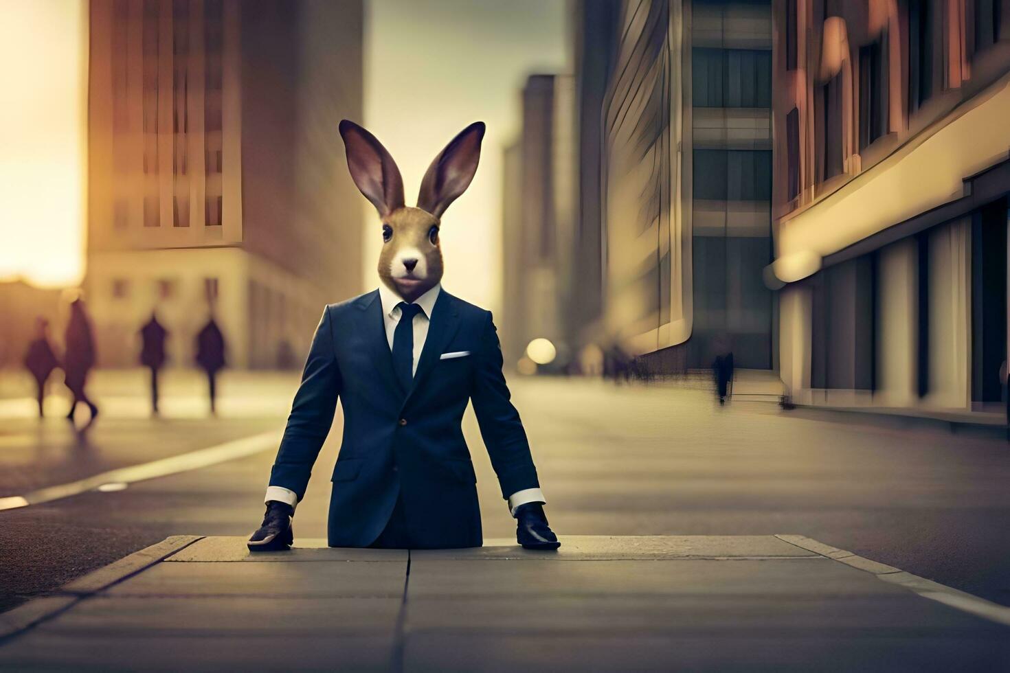 a rabbit wearing a suit and tie in the middle of a city street. AI-Generated photo