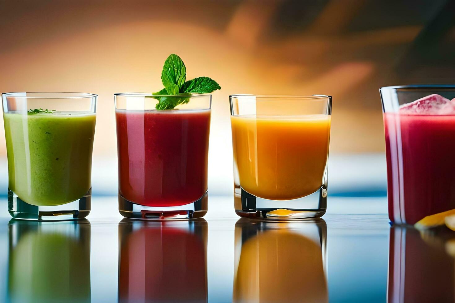 five different types of juices are lined up in glasses. AI-Generated photo