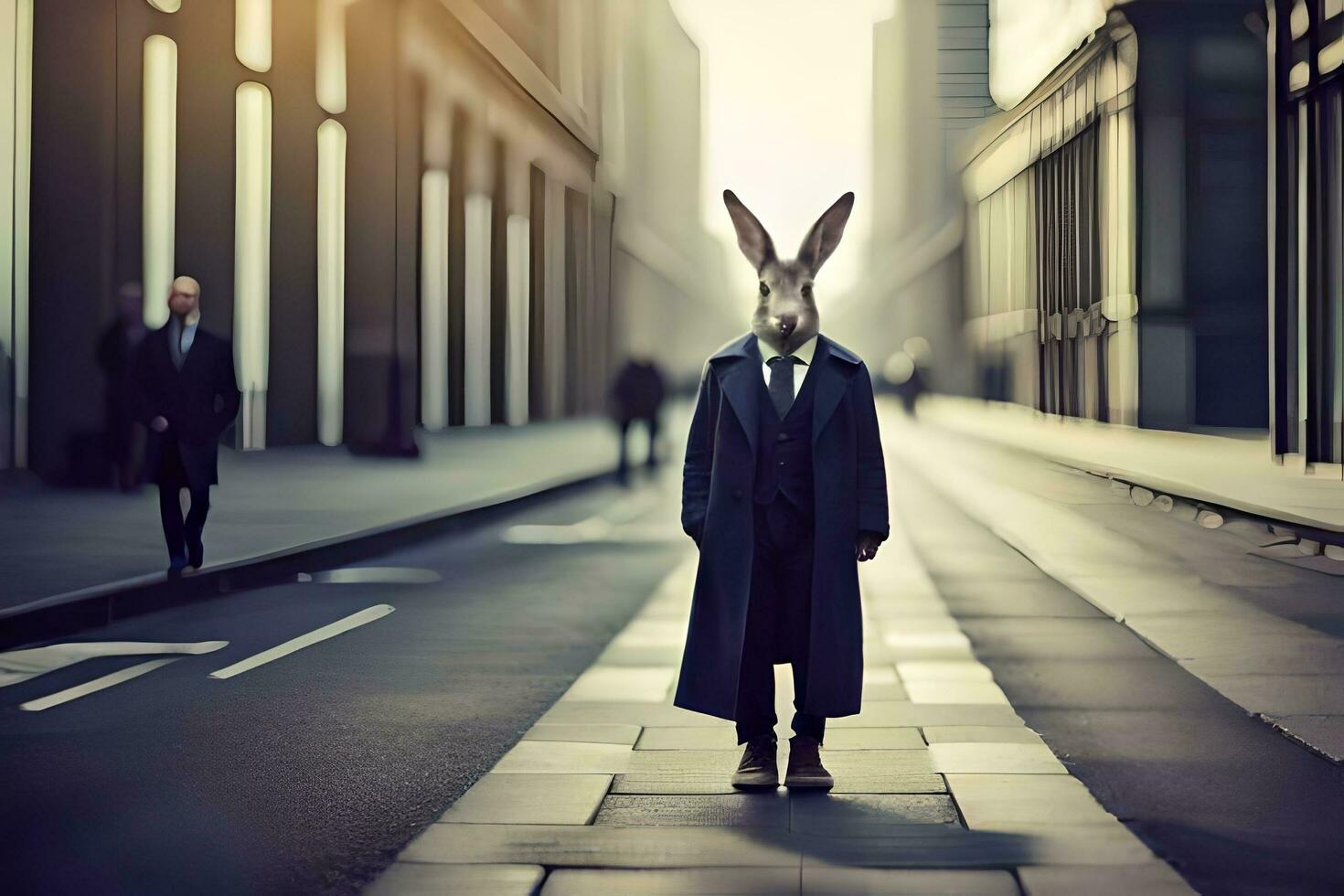 a rabbit wearing a suit and tie standing in the middle of a city street. AI-Generated photo