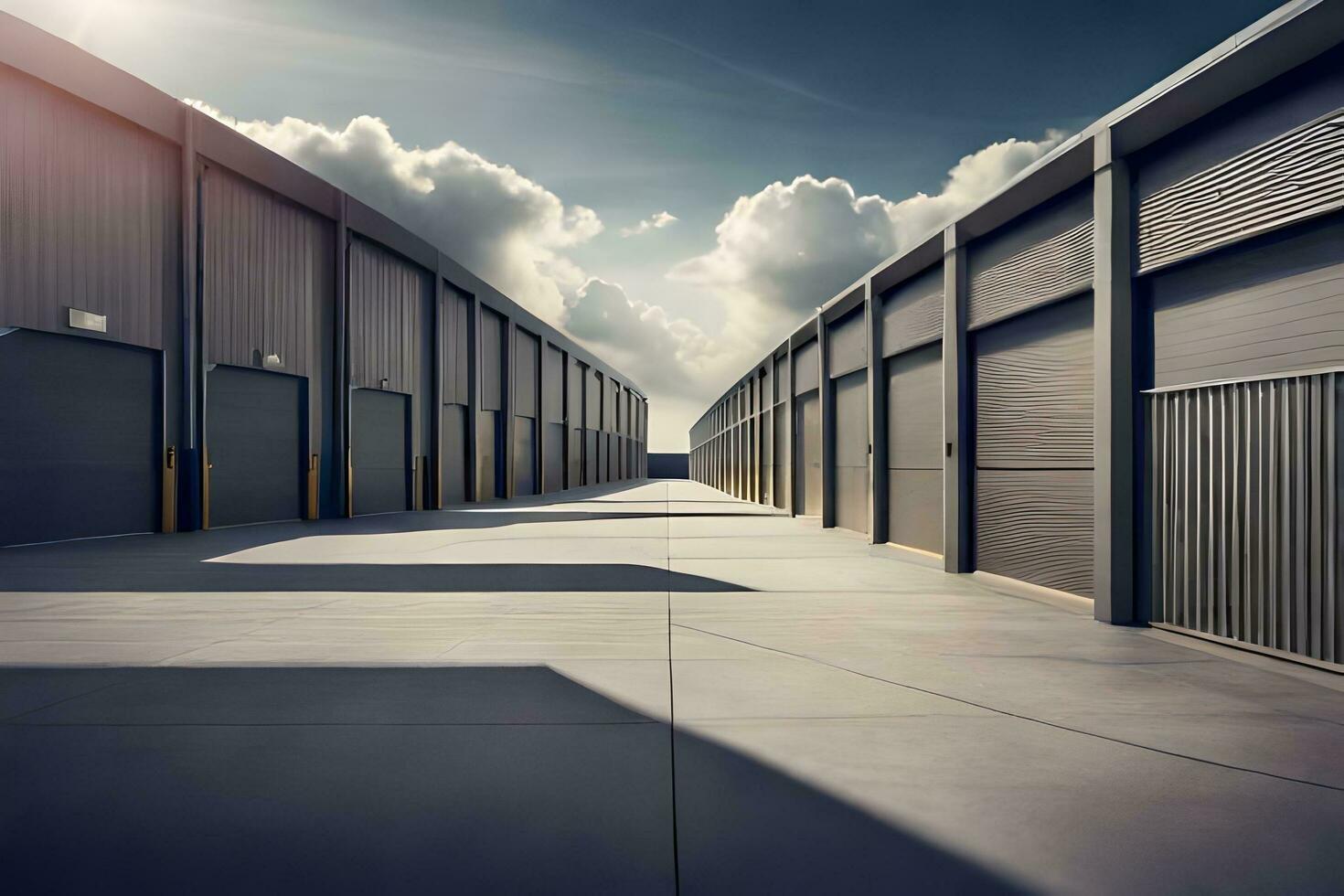 storage units in a warehouse with a sky background. AI-Generated photo