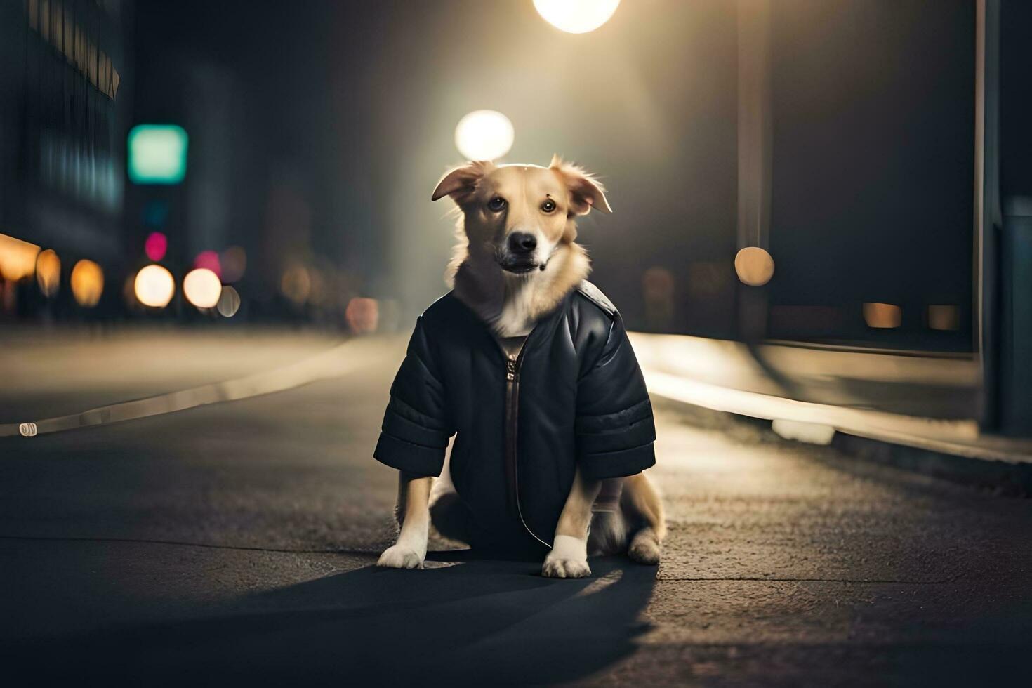 a dog wearing a jacket sitting on the street at night. AI-Generated photo