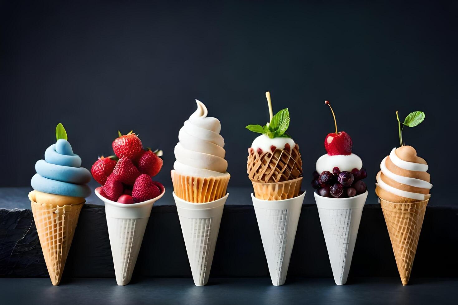 different kinds of ice cream in cones on a black background. AI
