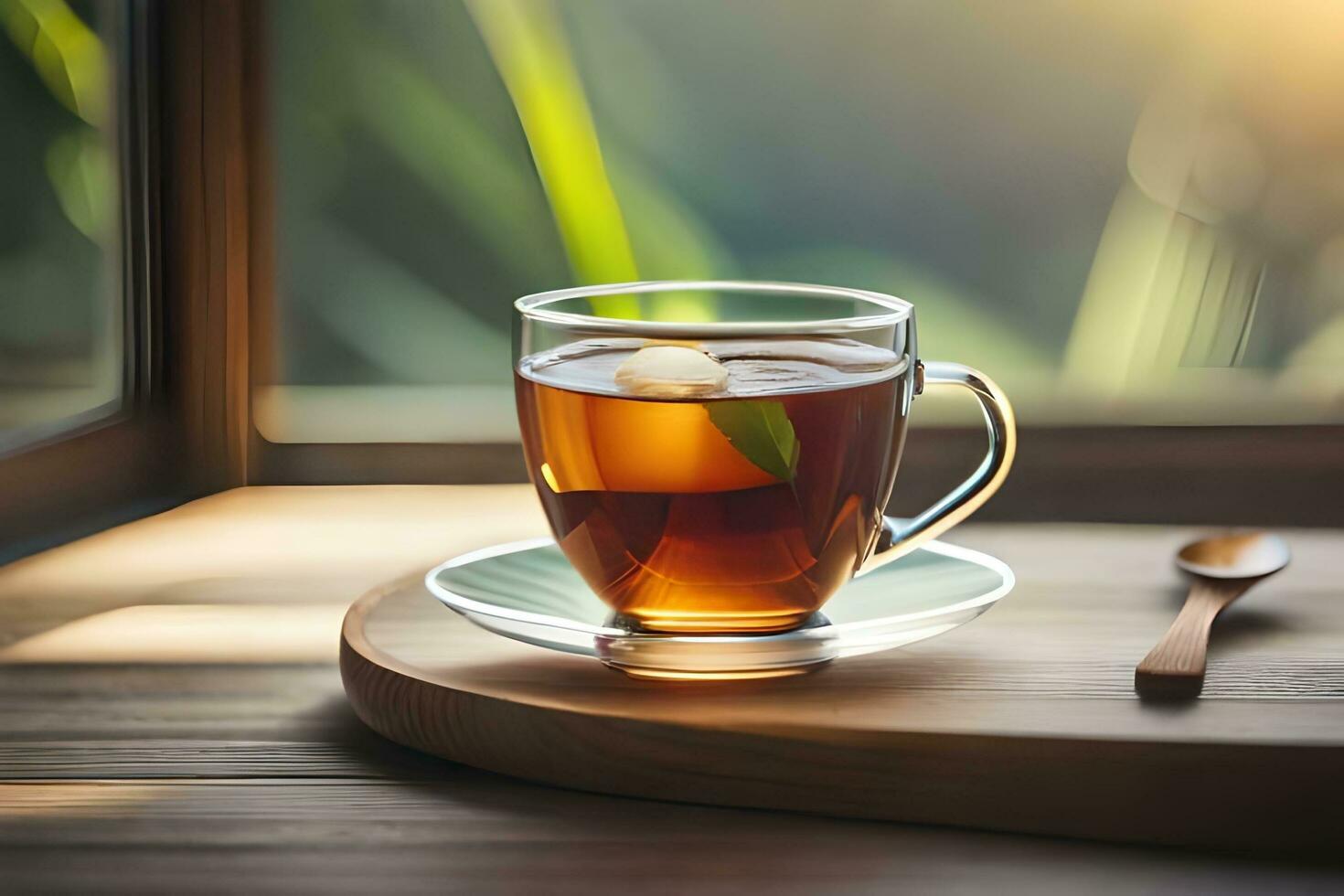 a cup of tea sits on a wooden tray with a spoon. AI-Generated photo