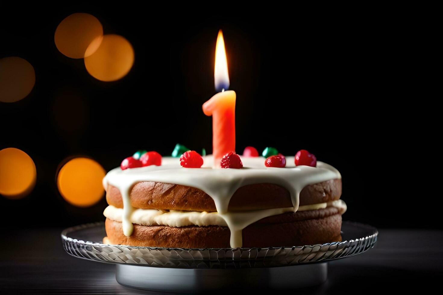 birthday cake with one candle on top on a table. AI-Generated photo