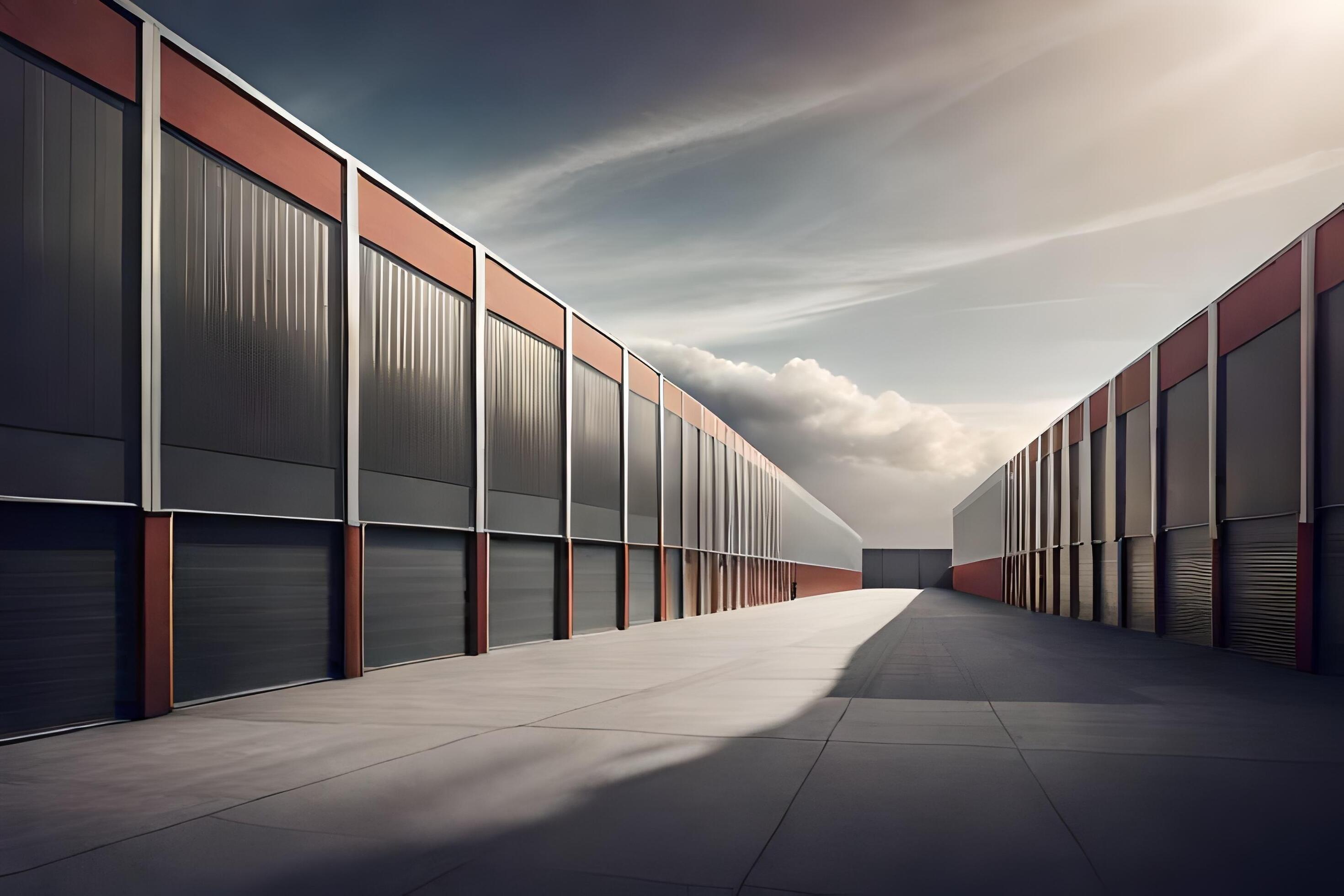 an empty warehouse with a sky background. AI-Generated 30051868 Stock