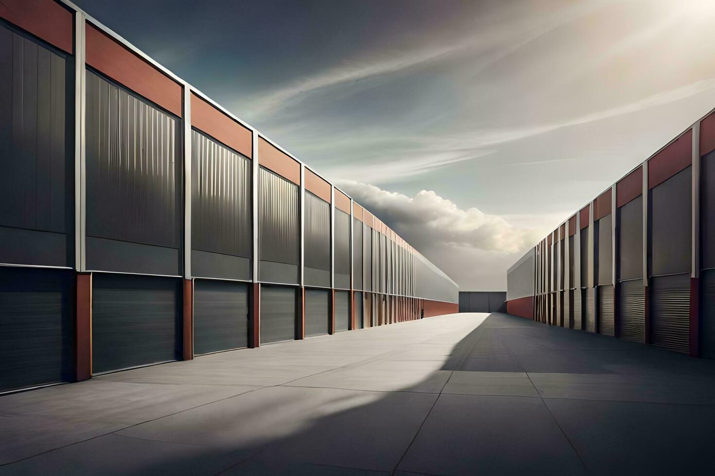 an empty warehouse with a sky background. AI-Generated photo