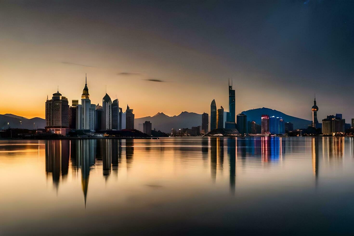 the city skyline is reflected in the water at sunset. AI-Generated photo