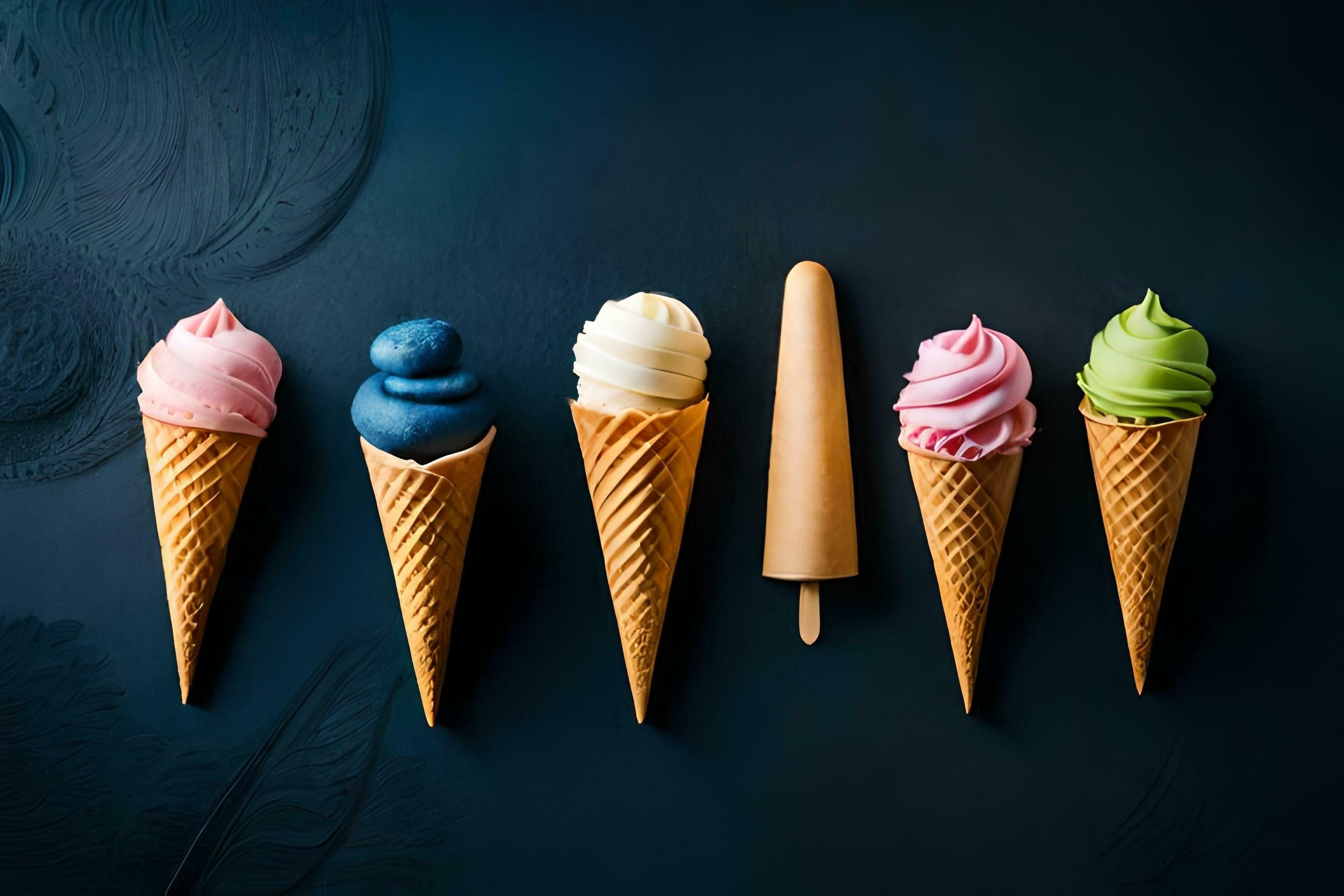 Ice Cream In A Series Of Cones With Different Flavors Background