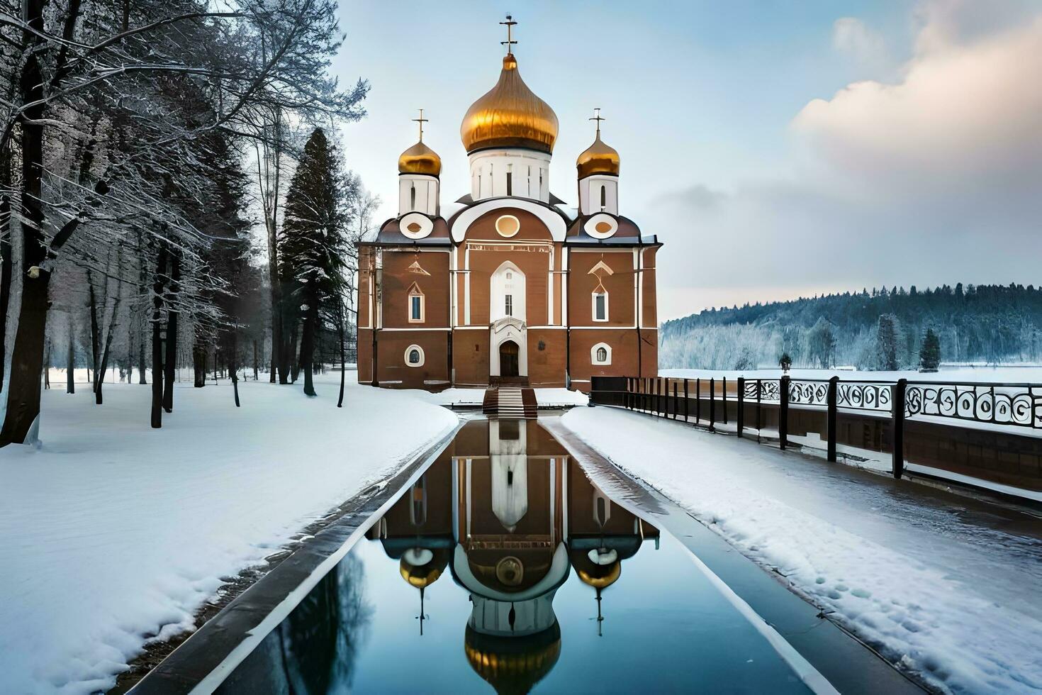 a church in the snow with a reflecting pool. AI-Generated photo