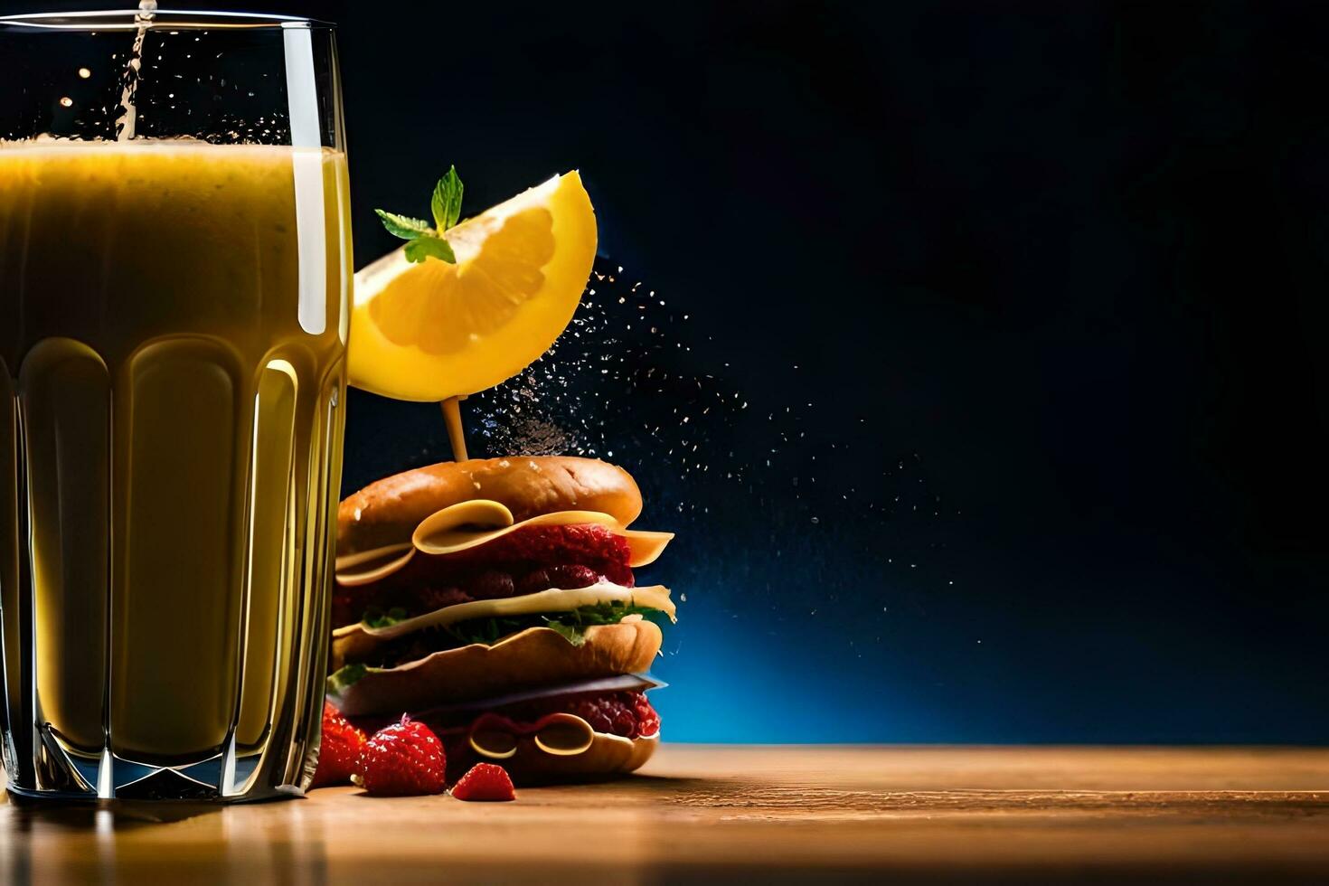 a glass of juice with a burger and a slice of lemon. AI-Generated photo
