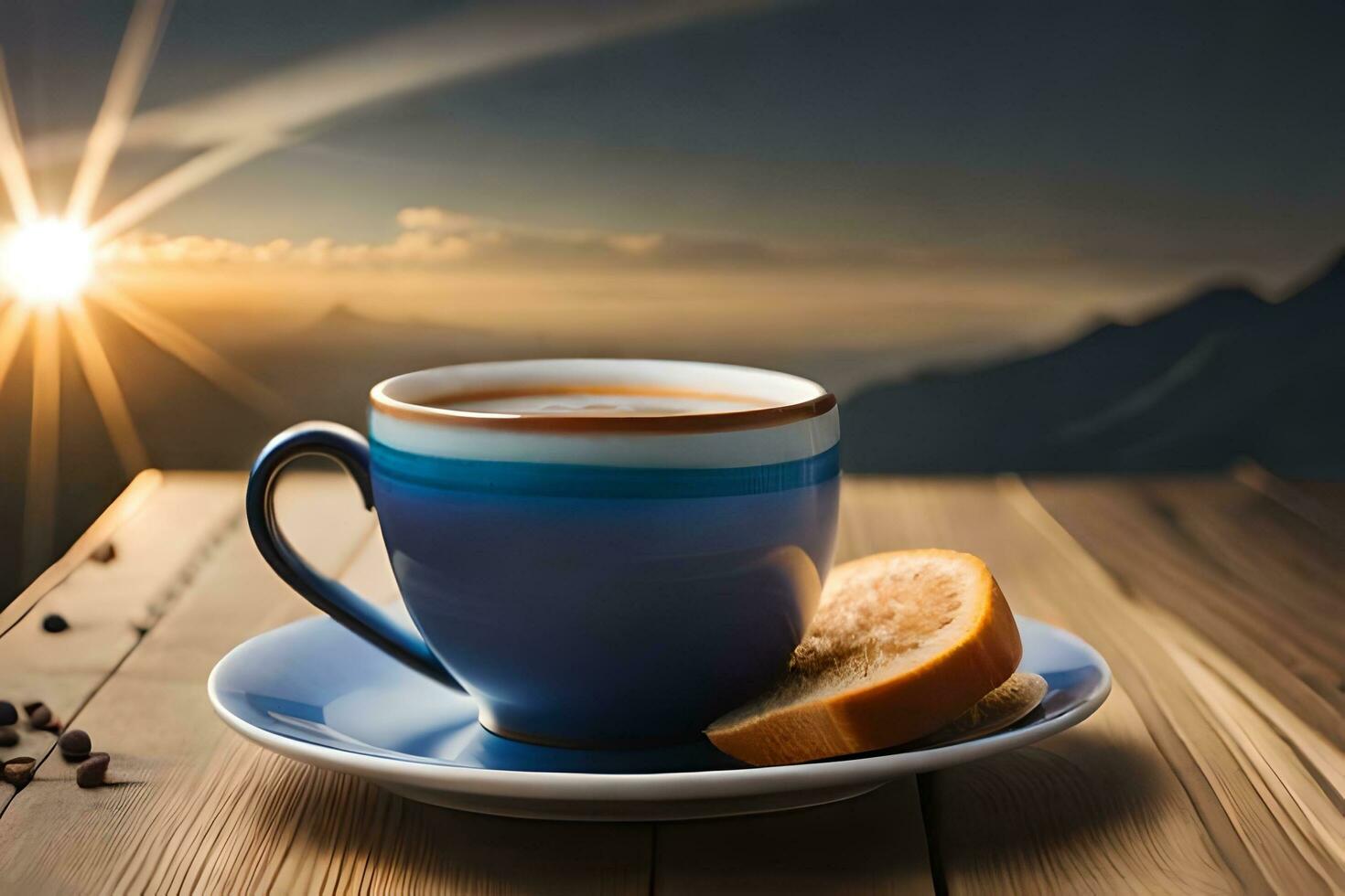 coffee cup and toast on wooden table with mountain view. AI-Generated photo