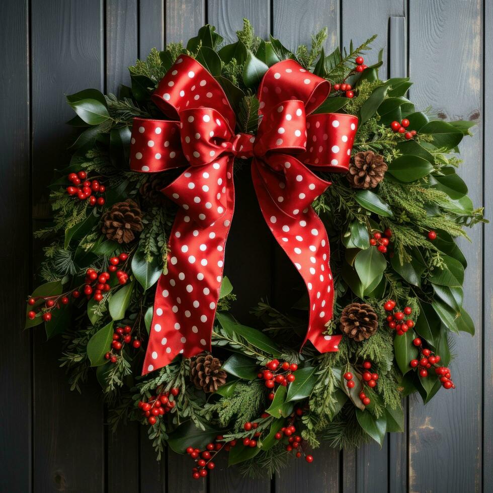 Festive wreath. Green leaves, red berries, and a bright red bow photo