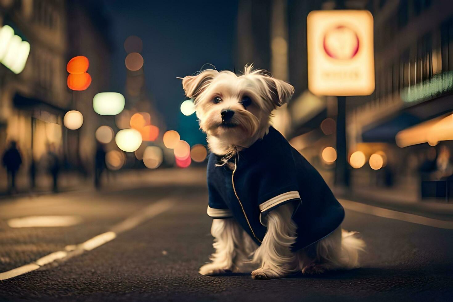 a small dog wearing a jacket on the street at night. AI-Generated photo