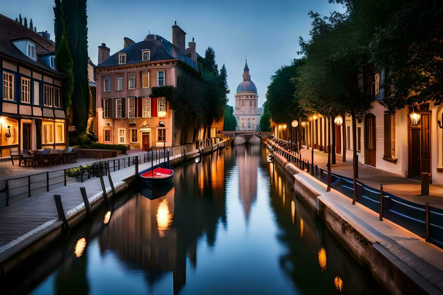 a canal in the middle of a city with a boat. AI-Generated photo