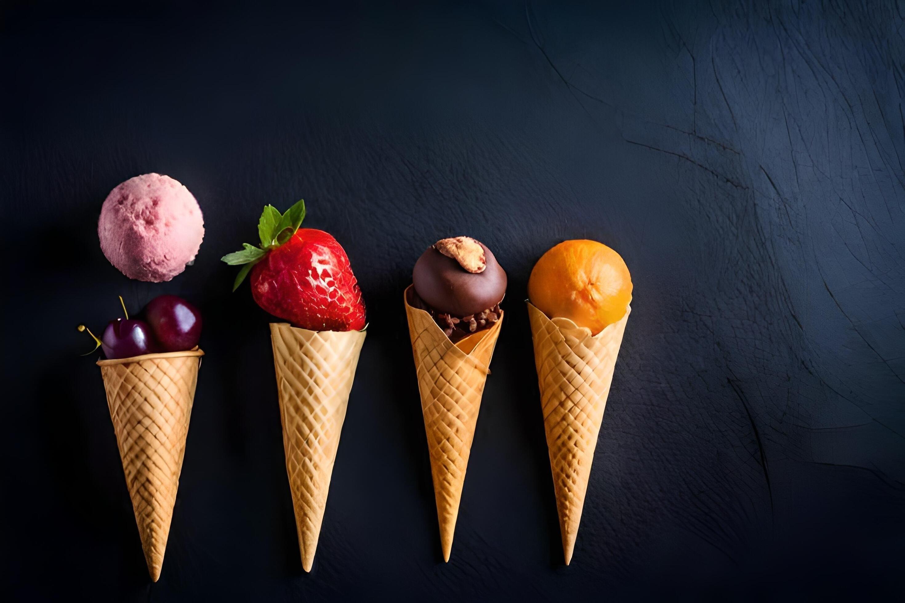 four ice cream cones with different types of desserts. AI-Generated