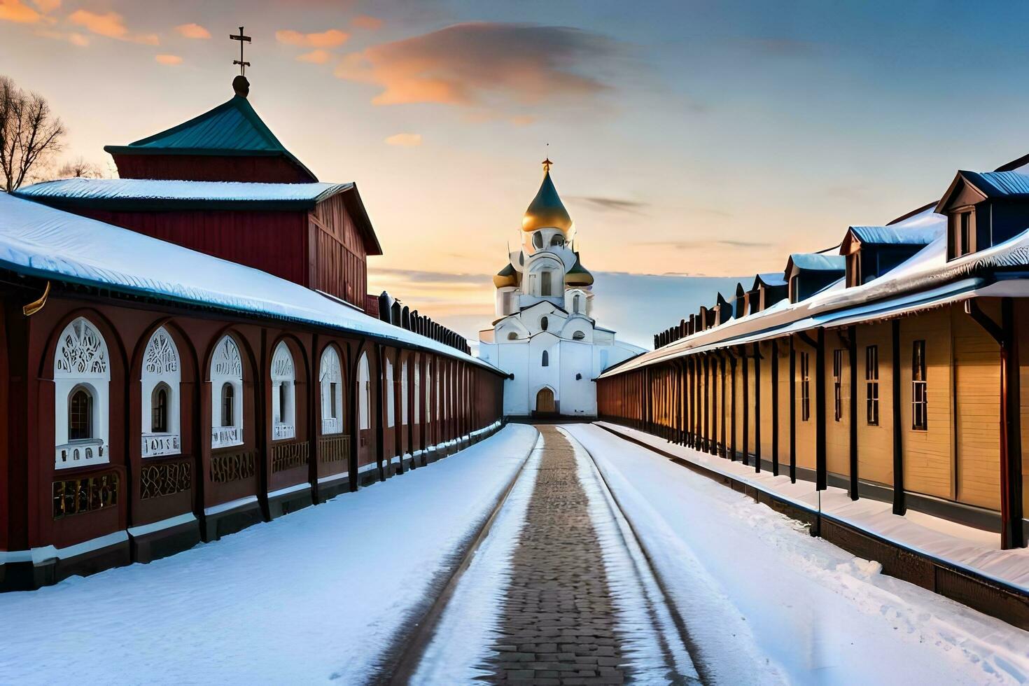 a snowy road leads to a church with a steeple. AI-Generated photo