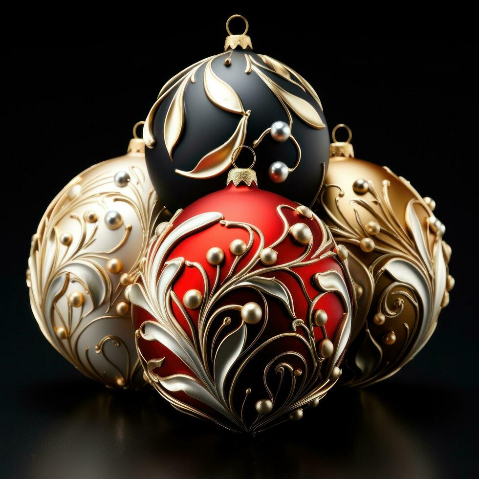 Elegant ornaments. Gold, silver, and red ornaments on a black background photo